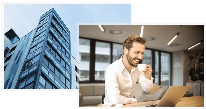 Business building and a smiling businessman drinking coffee in front of a laptop