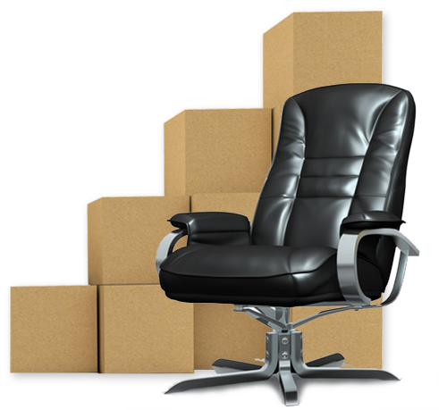 Office chair in front of stack of cardboard boxes