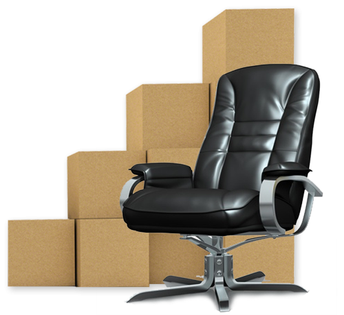 Office chair in front of stack of cardboard boxes 